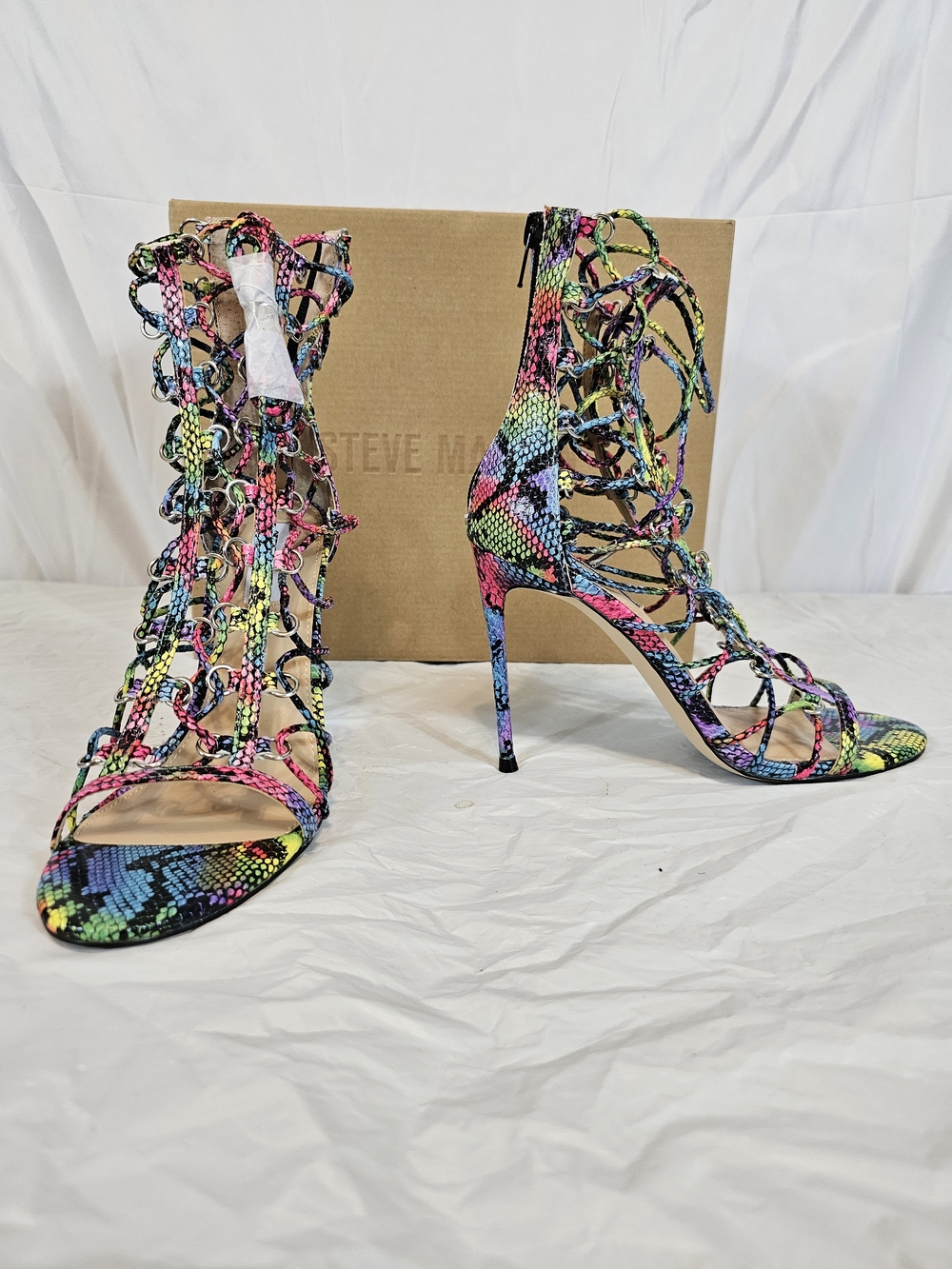Steve Madden Neon Snake-Print Lace-Up Stiletto Sandals (NEW)